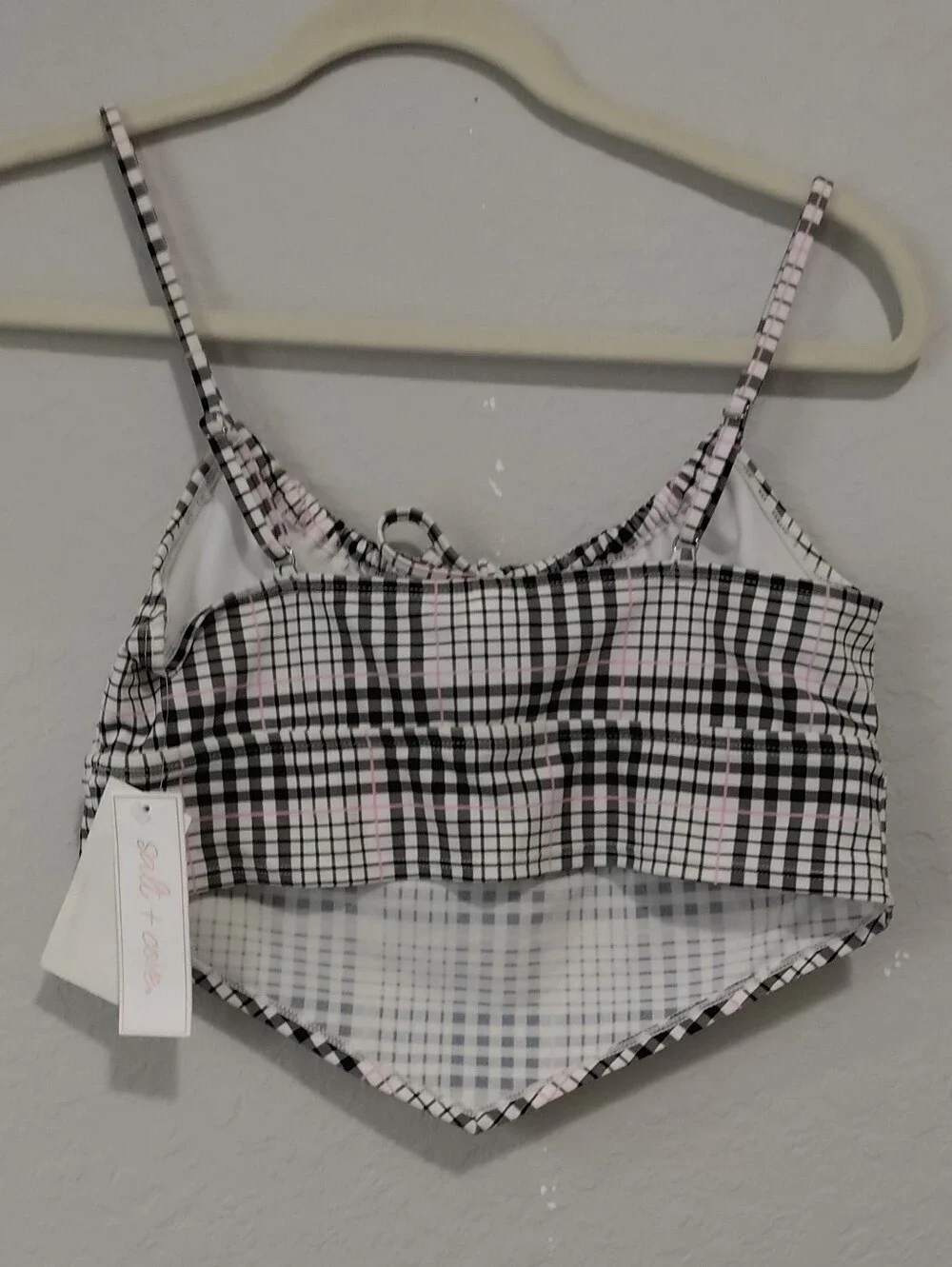 Salt + Cove Black, White and Light Pink Plaid Cropped Tank Top